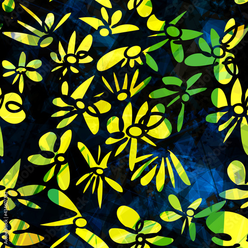Yellow simple hand drawn flowers on dark backdrop. Seamless pattern. Abstract vector background for web page, banners backdrop, fabric, home decor, wrapping
