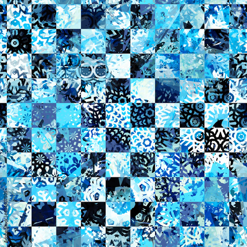 Blue chess seamless pattern with frozen effect. Abstract vector background for web page, banners backdrop, fabric, home decor, wrapping