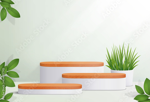Fototapeta Naklejka Na Ścianę i Meble -  Abstract minimal scene with geometric platforms. Wood  podium in white background for cosmetic product presentation. 3d geometric pedestal vector. 

