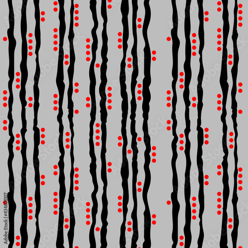 Vertical jagged black stripes and red dots on a gray background. Seamless pattern.