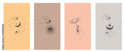 Set of boho mystic astrology elements. Magic  of hands, moon and sun. Mystic symbols for your design templates for social media stories - simple, stylish and minimal designs.design.