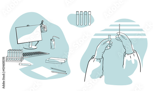 PCR test concept.Health Professional hands in protective gloves with nasal swab. Rapid Antigen Test to analyze nasal sampling for Covid-19, Coronavirus Pandemic. Laboratory equipment set. line drawing
