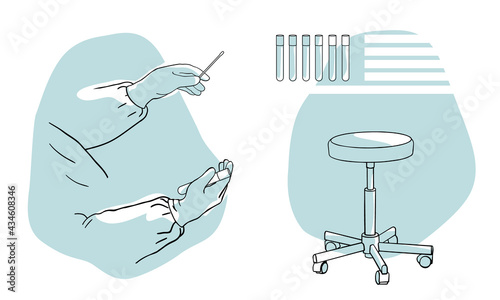 PCR test concept.Health Professional hands in protective gloves with nasal swab. Rapid Antigen Test to analyze nasal sampling for Covid-19, Coronavirus Pandemic. Empty chair for patient .line drawing