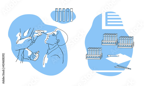 PCR test concept. Health Professional introducing nasal swab to man patient. Rapid Antigen Test to analyze nasal sampling for Covid-19, Coronavirus Pandemic. Laboratory equipment set. line drawing 