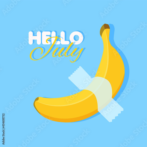 Cartoon banana on blue background. Summer banner template. Hello june concept. Vegan food vector icon in a trendy flat style.