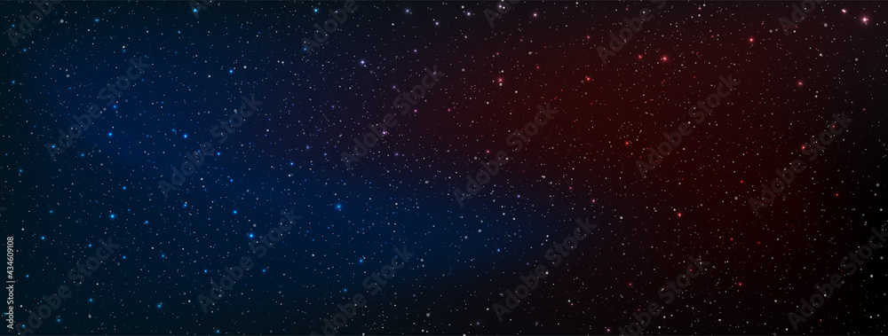 Fototapeta premium Beautiful galaxy background with nebula cosmos. Between gradient red sky and blue sky in the space. Stardust and bright shining stars in universal. Vector illustration.