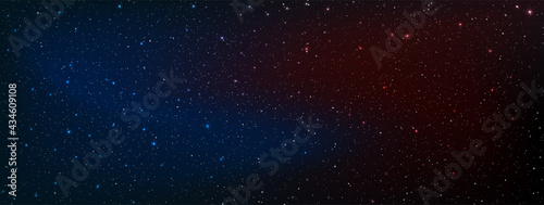 Beautiful galaxy background with nebula cosmos. Between gradient red sky and blue sky in the space. Stardust and bright shining stars in universal. Vector illustration.