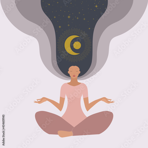 Yoga a woman in the lotus position communicates with the cosmos. The concept of relaxation, meditation, tantric medicine.