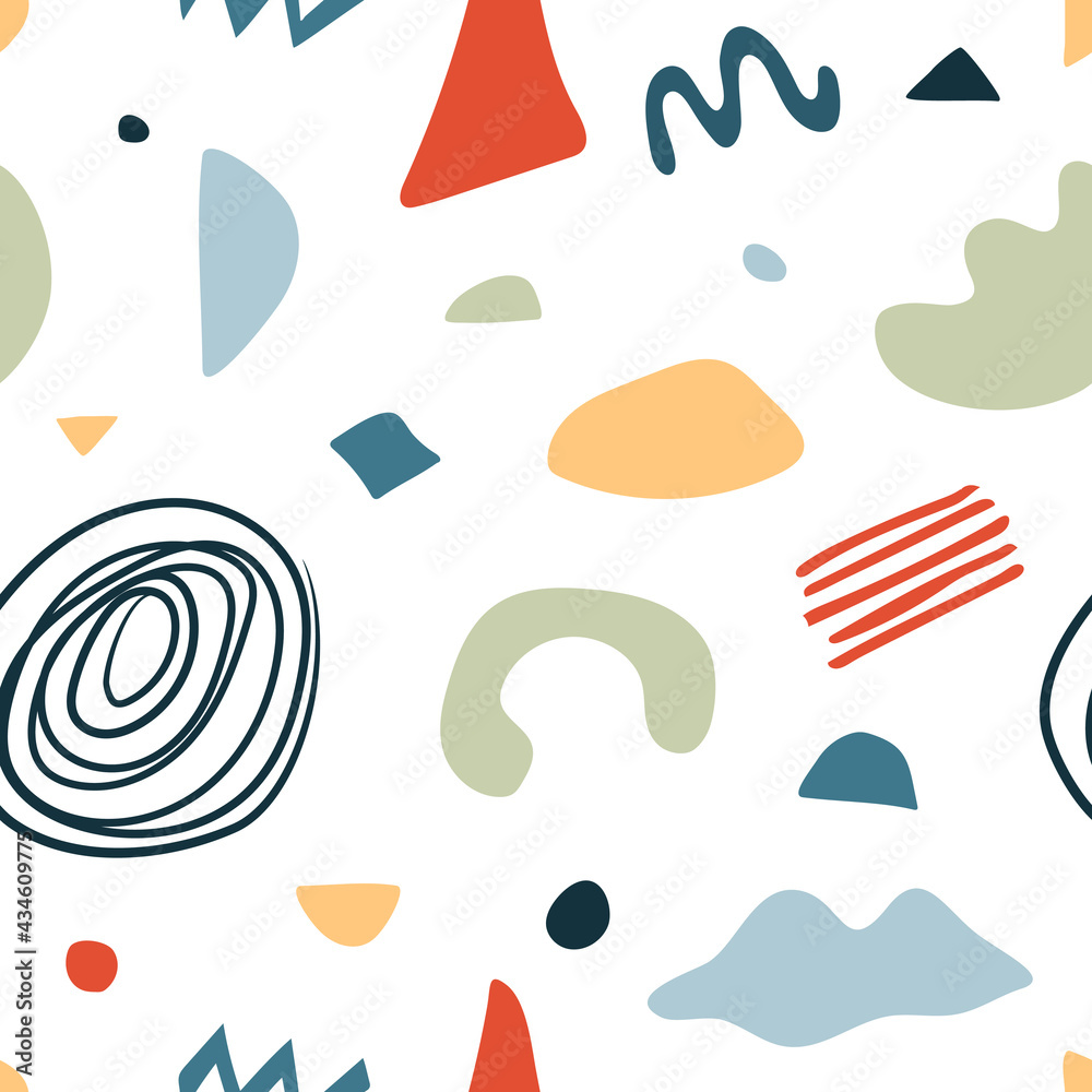 Seamless pattern with abstract organic shapes, stains, lines. Vector elements in doodle style for background, wallpaper, textile, cover, banner, greeting card. Simple, stylish, minimal design. Modern 