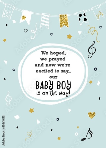 We hoped, we prayed and we're excited to say our baby is on the way announcement vector card.