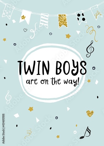 Twin boys are on the way announcement vector card.