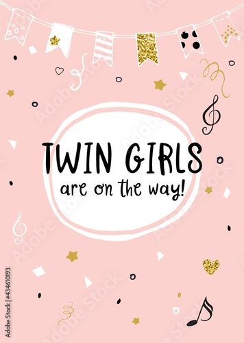 Twin girls are on the way announcement vector card.