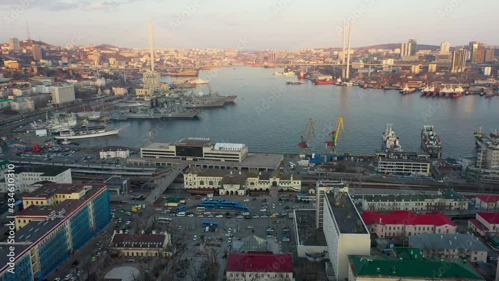 View of the railway and sea terminal buildings in the center of Vladivostok