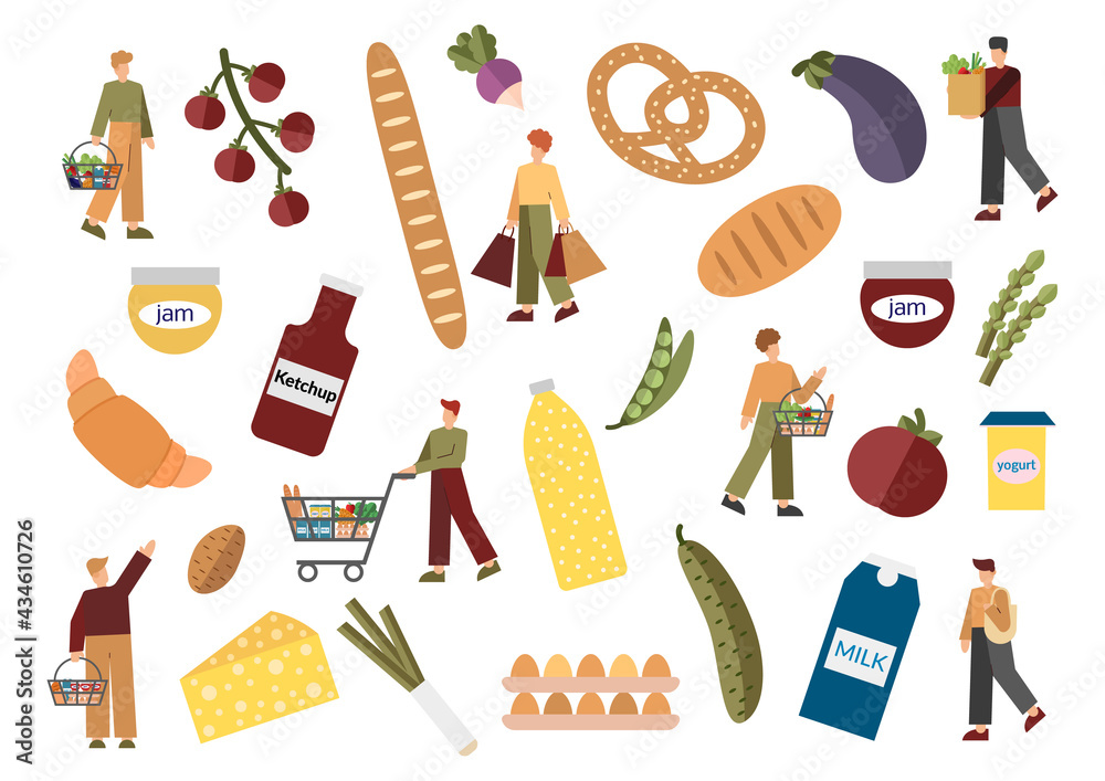 Vector set of 7 characters, vegetables, groceries and foods. Supermarket and shopping in flat design. Store or supermarket characters. Cheese, bread, croissant, broccoli, paprika, peppers, tomatoes.
