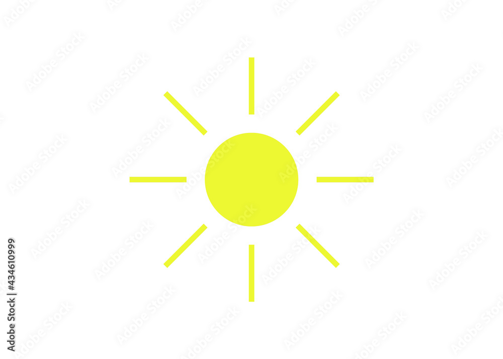 Simple isolated sun icon for graphic design projects, flat design, summer sun, sunrise, yellow sun, light, vector illustration
