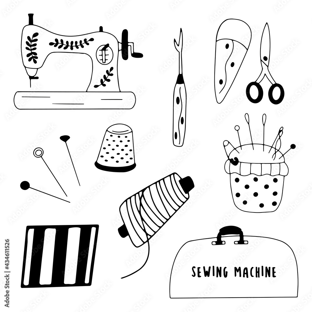 Set of elements for needlework and sewing. Needle and thread, scissors ...