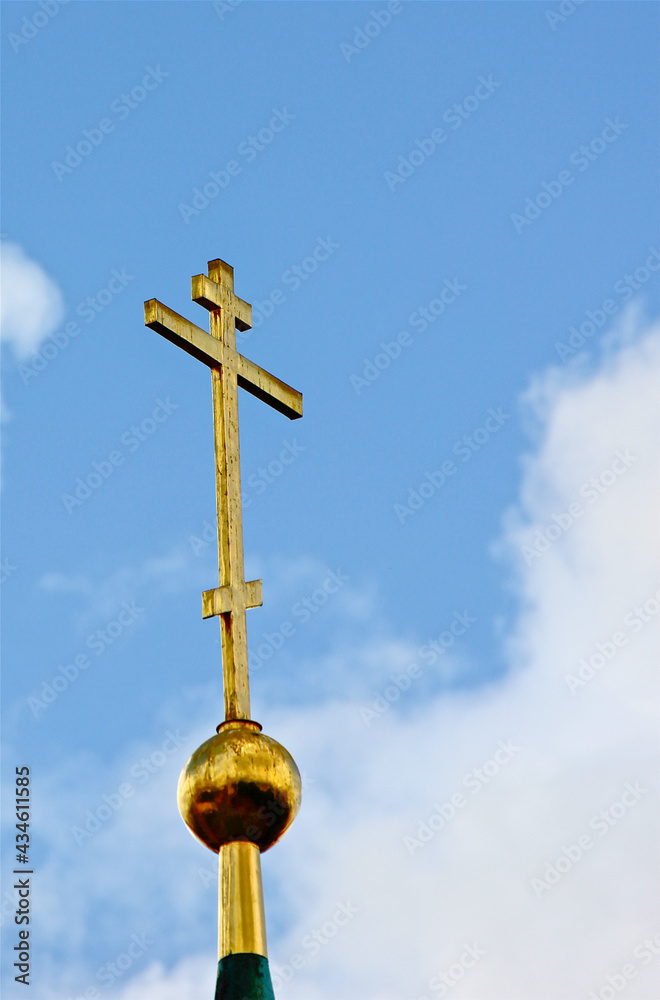 Old Christian Cross on Russian orthodox Church steeple. Old Christian Cross on Russian orthodox Church steeple.