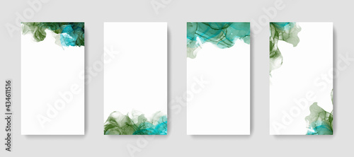 Green abstract watercolor alcohol ink backgrounds for social media stories banners