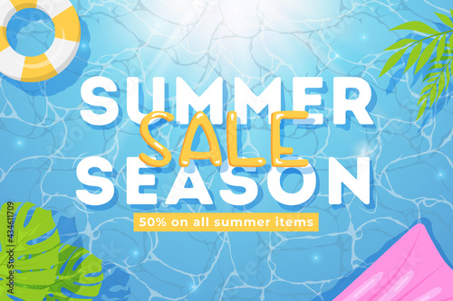 Blue summer sale banner. Top view on summer decoration with sea, sun rays, plants and objects. Concept of seasonal sale