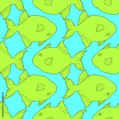 Vector seamless pattern of fish elements Greg triggerfish outline black silhouette and light green image on a blue background. hand-drawn tropical aquarium fish in sketch style for your template desig photo