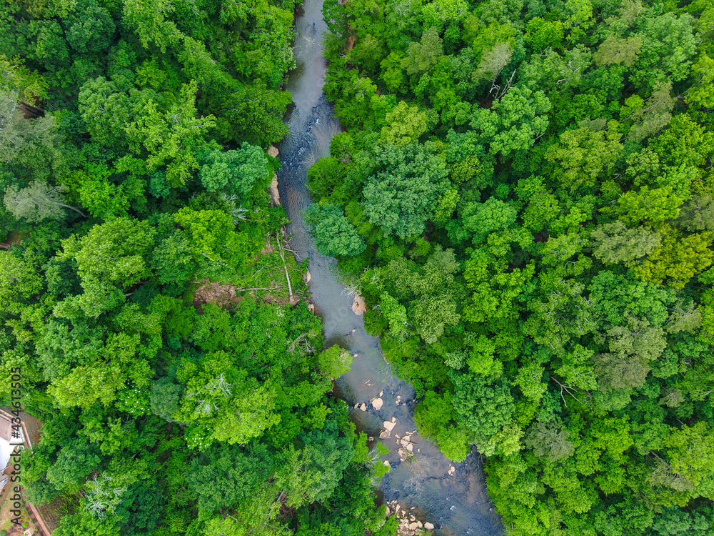 Fototapeta an aerial shot of the running waters of Big Creek River surrounded by miles of lush green trees and plant with rocks on the banks of the river and gorgeous sky at Vickery Creek in Roswell Georgia