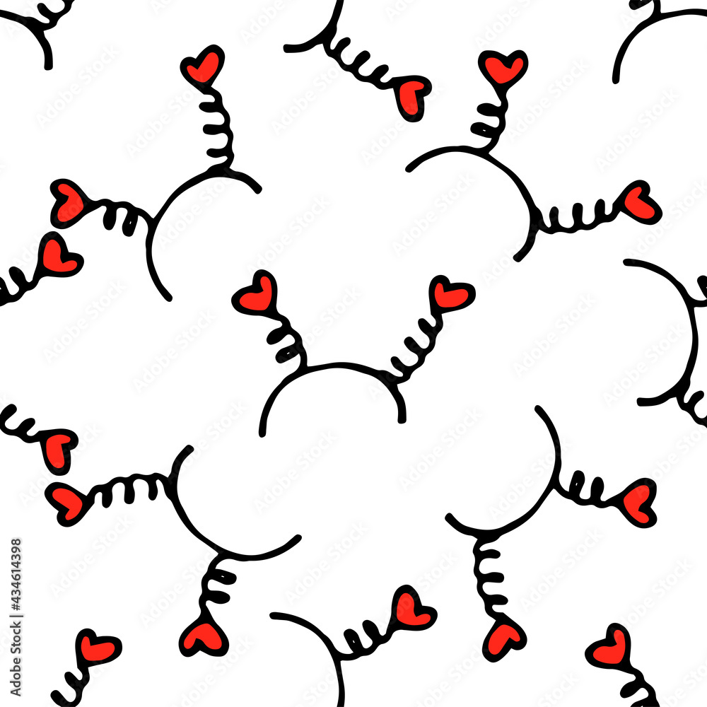 Vector seamless pattern of a hair band decorated with red hearts on springs. hand-drawn doodle style baby head band, hair embellishment black outline with red hearts on white background for packaging 