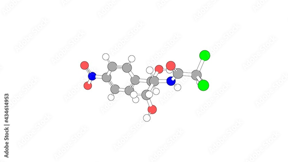 360º realistic 3D view of Chloramphenicol as a seamless loop over a white opaque background with alpha mask. Also called chloromycetin and chlornitromycin.