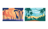 Beautiful Natural Landscape Set, Tropical Scenery with Leopard and Giraffe Wild Animals, Exotic Savanna Inhabitants, African National Park Vector Illustration