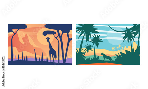 Beautiful Natural Landscape Set  Tropical Scenery with Leopard and Giraffe Wild Animals  Exotic Savanna Inhabitants  African National Park Vector Illustration