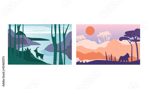 Beautiful Natural Landscape Set, Tropical Scenery with Orangutan and Antelope Wild Animals Vector Illustration © topvectors