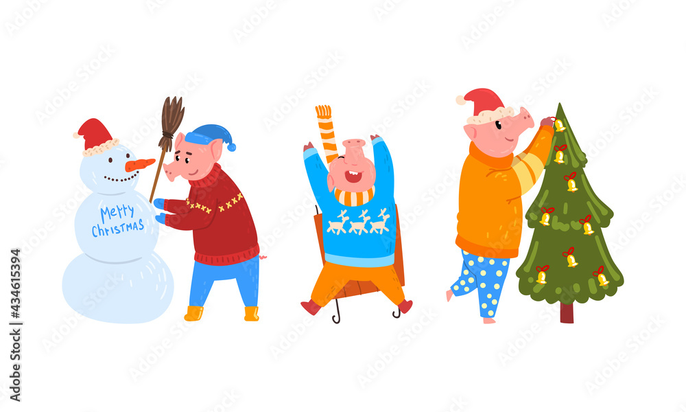 Set of Cute Funny Pig Characters Dressed Warm Bright Clothes Having Fun, Pigs Decorating Christmas Tree and Making Snowman Cartoon Vector Illustration