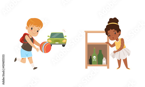 Kids in Dangerous Situations Set, Cute Girl Reaching for Hazardous Substances, Boy Playing Ball in front of Moving Car Cartoon Vector Illustration