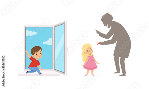 Kids in Dangerous Situations Set, Cute Boy Playing in Front of Opened Window, Suspicious Stranger Offering Candy to Little Girl Cartoon Vector Illustration