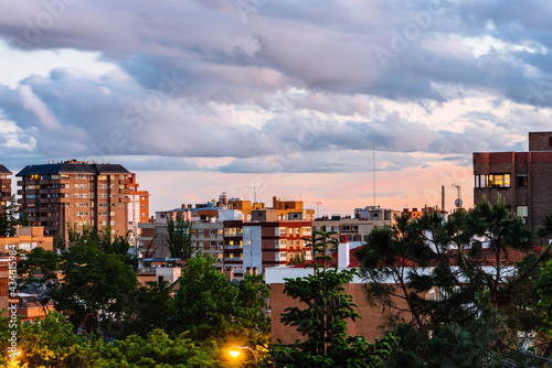 Residential District in Madrid. Arturo Soria Street in Ciudad Lineal. View at sunset
