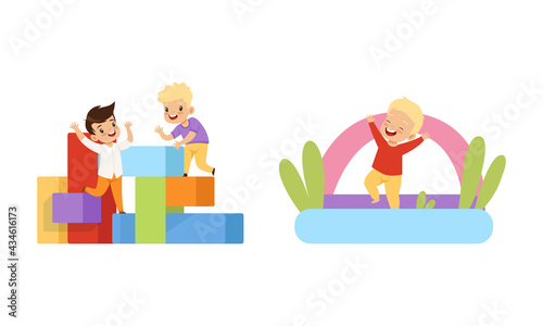 Kids Having Fun on Playground Set  Little Children Playing Toy Blocks and Jumping on Inflatable Trampoline Cartoon Vector Illustration