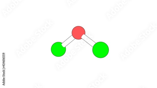 360º realistic 3D view of Dichlorine Monoxide as a seamless loop over a white opaque background with alpha mask. Also called chlorine monoxide and dichlorine oxide.