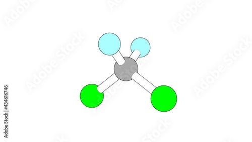 360º realistic 3D view of Dichlorodifluoromethane as a seamless loop over a white opaque background with alpha mask. Also called difluorodichloromethane and genetron 12.