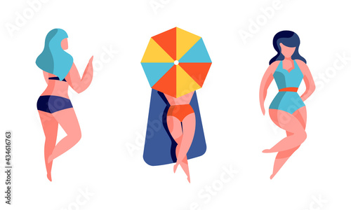 Top View of Beautiful Women Sunbathing on the Beach Set, Girls in Swimsuits Relaxing on Summer Vacation Cartoon Vector Illustration