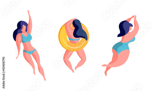 Top View of Beautiful Women Swimming and Sunbathing Set, Girls in Swimsuits Relaxing on Summer Vacation Cartoon Vector Illustration