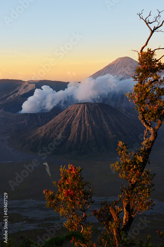 Sunrise behind smoky mountain. Active volcano in clouds of smoke with crater in depth. Mount Gunung Bromo volcano in East Java, Indonesia.