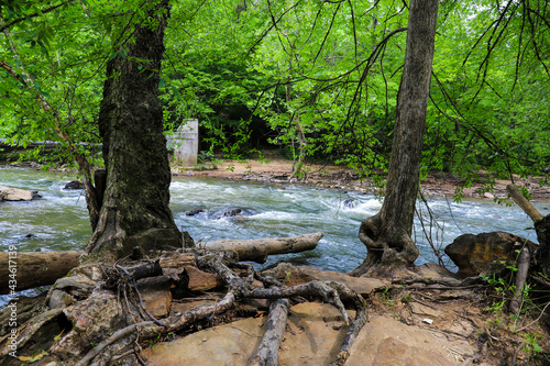 a stunning shot of the rushing river water of Big Creek river with lush green trees and large rocks on the banks and in the middle of the river at Vickery Creek in Roswell Georgia photo