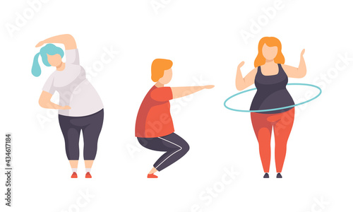 Overweight People Doing Sports Set, Fat Persons Spinning Hula Hoop, Doing Squats, Weight Loss Program Concept Flat Vector Illustration