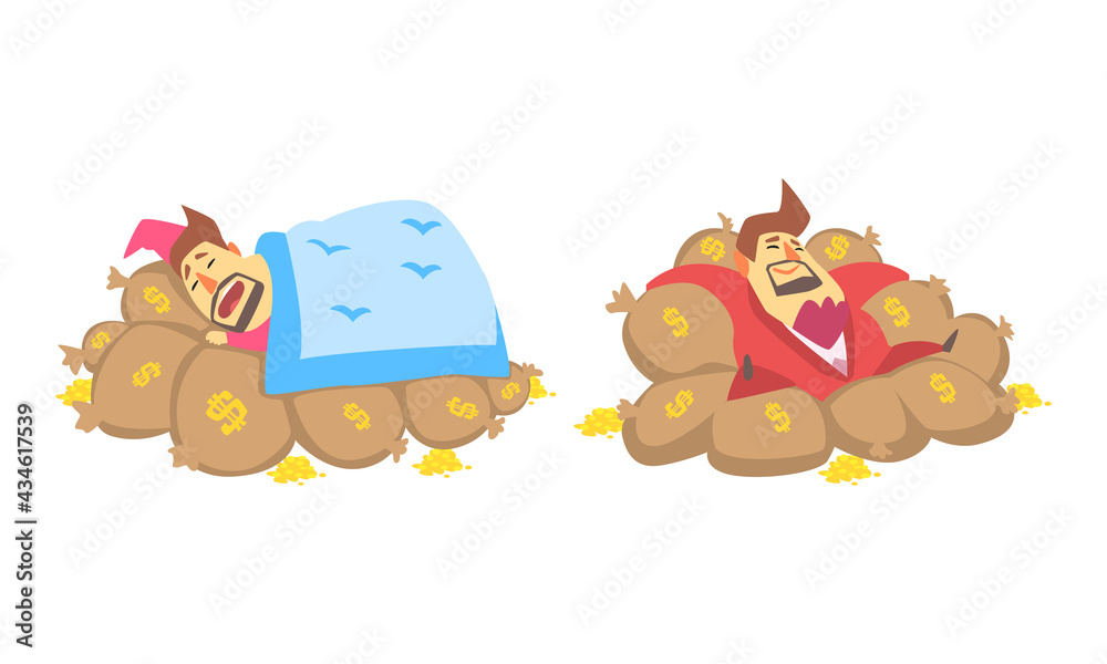 Naklejka premium Funny Rich Millionaire Set, Fat Businessman Character Sleeping on Money Sacks Cartoon Vector Illustration