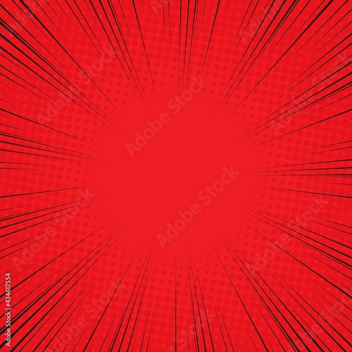 Radial Speed Line background. Vector illustration. Comic book black and red radial lines background. Halftone. 