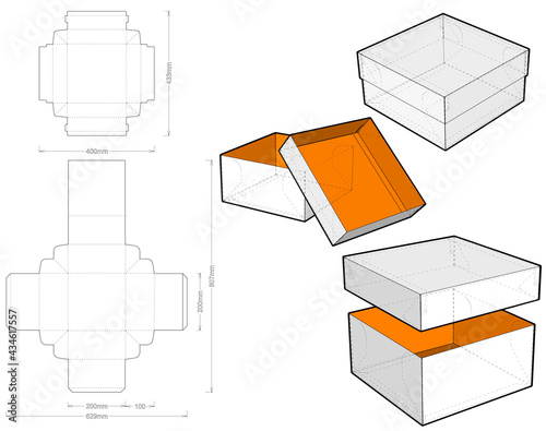 Top and Bottom box (Internal measurement 20x20x10cm) and Die-cut Pattern. The .eps file is full scale and fully functional. Prepared for real cardboard production.