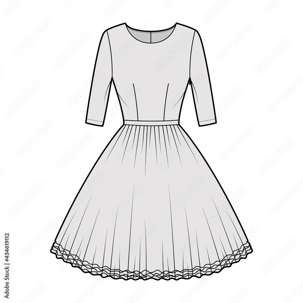 Dress tutu technical fashion illustration with elbow sleeves, fitted body, knee length circular skirt. Flat ballet apparel front, grey color style. Women, men unisex CAD mockup Dress tutu technical fashion illustration with elbow sleeves, fitted body, knee length circular skirt. Flat ballet apparel front, grey color style. Women, men unisex CAD mockup