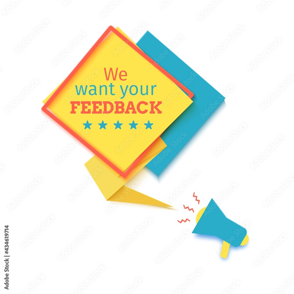 We want your feedback speech bubble in paper cut style. Square yellow banner with red rhombus frame. Origami flyer with bullhorn and stars sign. Vector card illustration isolated on white background. We want your feedback speech bubble in paper cut style. Square yellow banner with red rhombus frame. Origami flyer with bullhorn and stars sign. Vector card illustration isolated on white background.