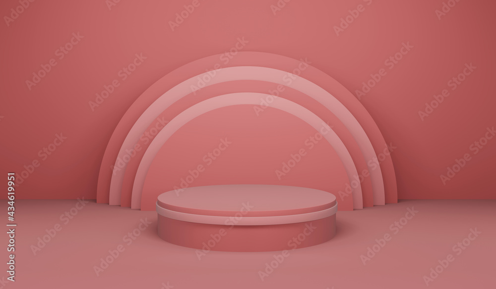 Single pedestal in the shape of a cylinder with a light rim on a blank background with concentric circles in rose pastel colors. Studio lighting, 3d render. Single pedestal in the shape of a cylinder with a light rim on a blank background with concentric circles in rose pastel colors. Studio lighting, 3d render.