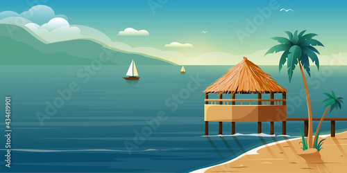 sea background with palms and bungalow. Vector Illustration