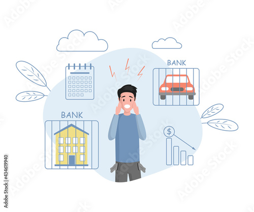 Bankruptcy vector flat illustration. Young man with empty pockets. Budget collapse, investment failure, and economic loan payback problem concept. Man losing home and car, financial issues.